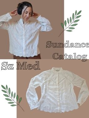 Sundance Catalog Embroidered White Button-Front Lace-Trim Blouse 100% Cotton Med